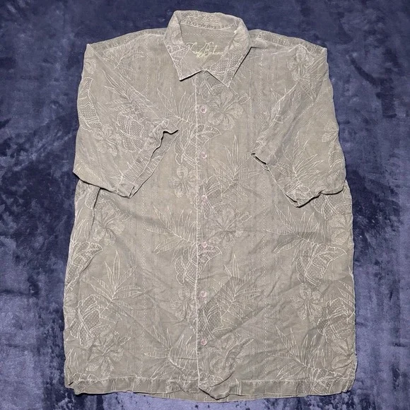 Tommy Bahama Shirt Mens L Silk Button Up Green Floral Camp Hawaiian Loop Collar - Picture 1 of 6